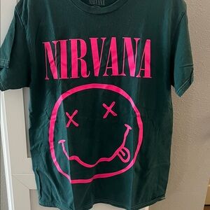 NIRVANA Dark Green Tee with Vibrant Pink Design